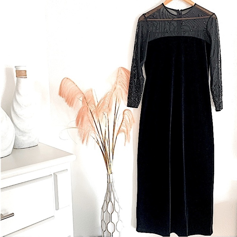 90s J.R. Nites Petites by Caliendo Black Sheer Sleeves Velvet Maxi Dress…